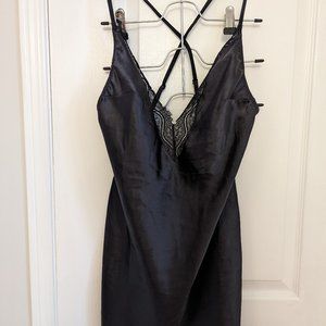 Black satin slip chemise with lace neckline (Small)